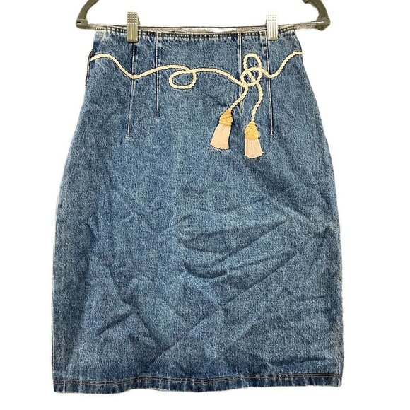Vintage Dagmar Ertinger Jean Pencil Skirt Size 27 or 4 Tassel Embroidered Denim - Picture 1 of 11